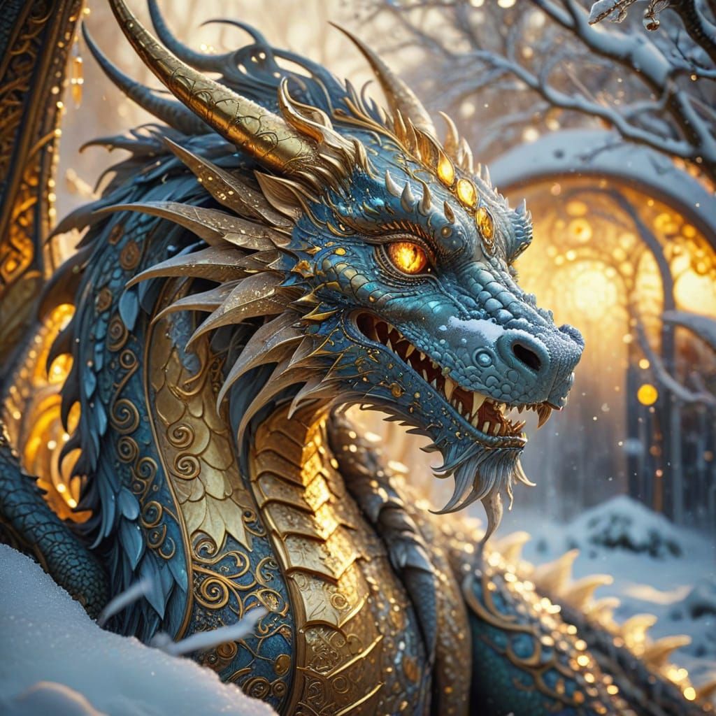 Golden Dragon Amidst Snowstorm in Art Nouveau Style