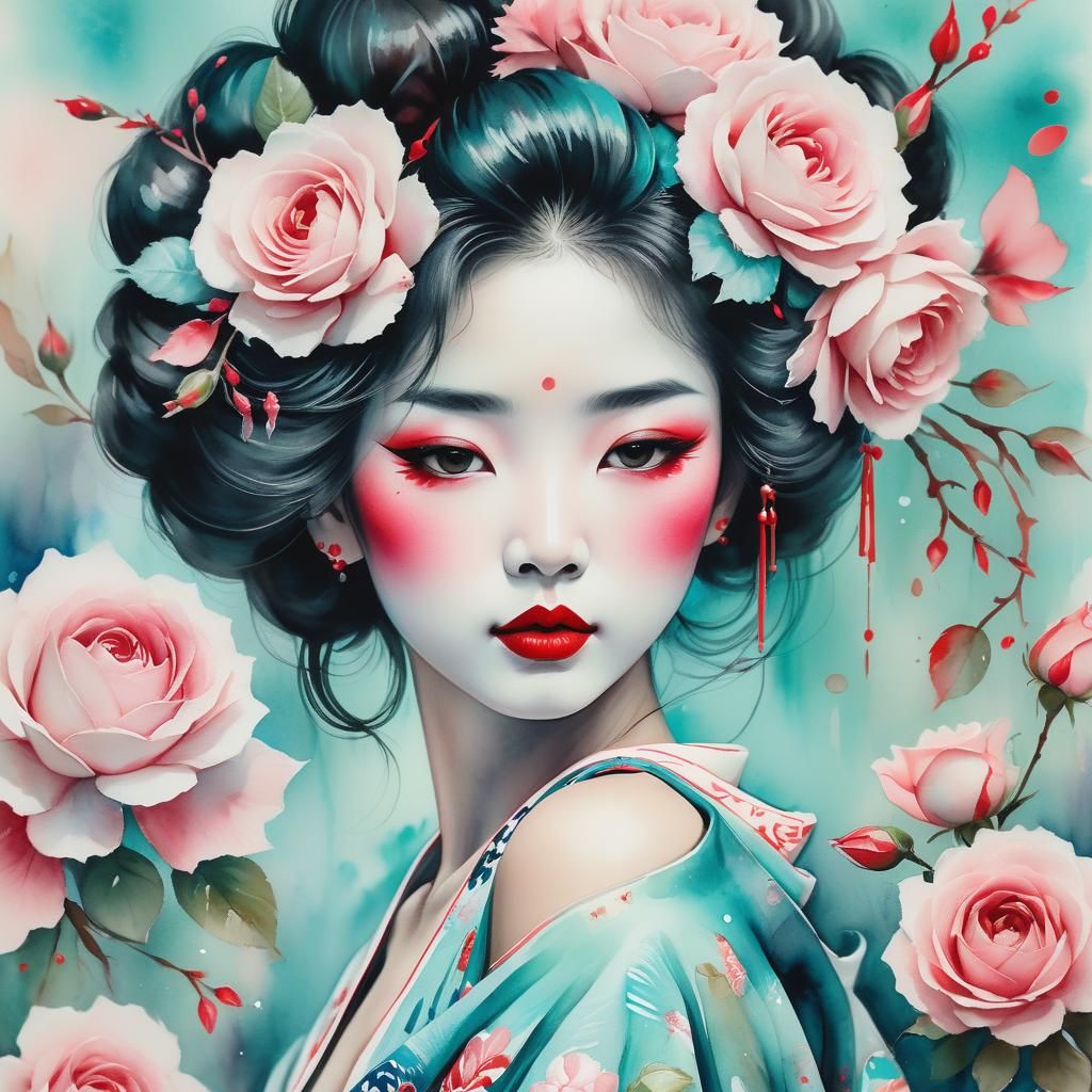 Ethereal Geisha Portrait in Watercolour Style