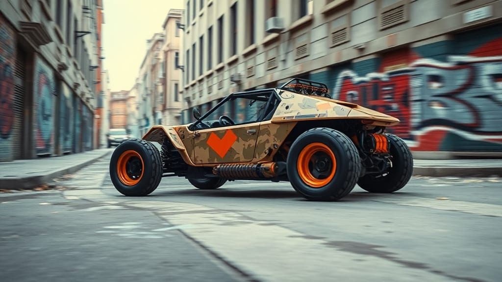 Cyberpunk Lunar Buggy in Brutalist Street