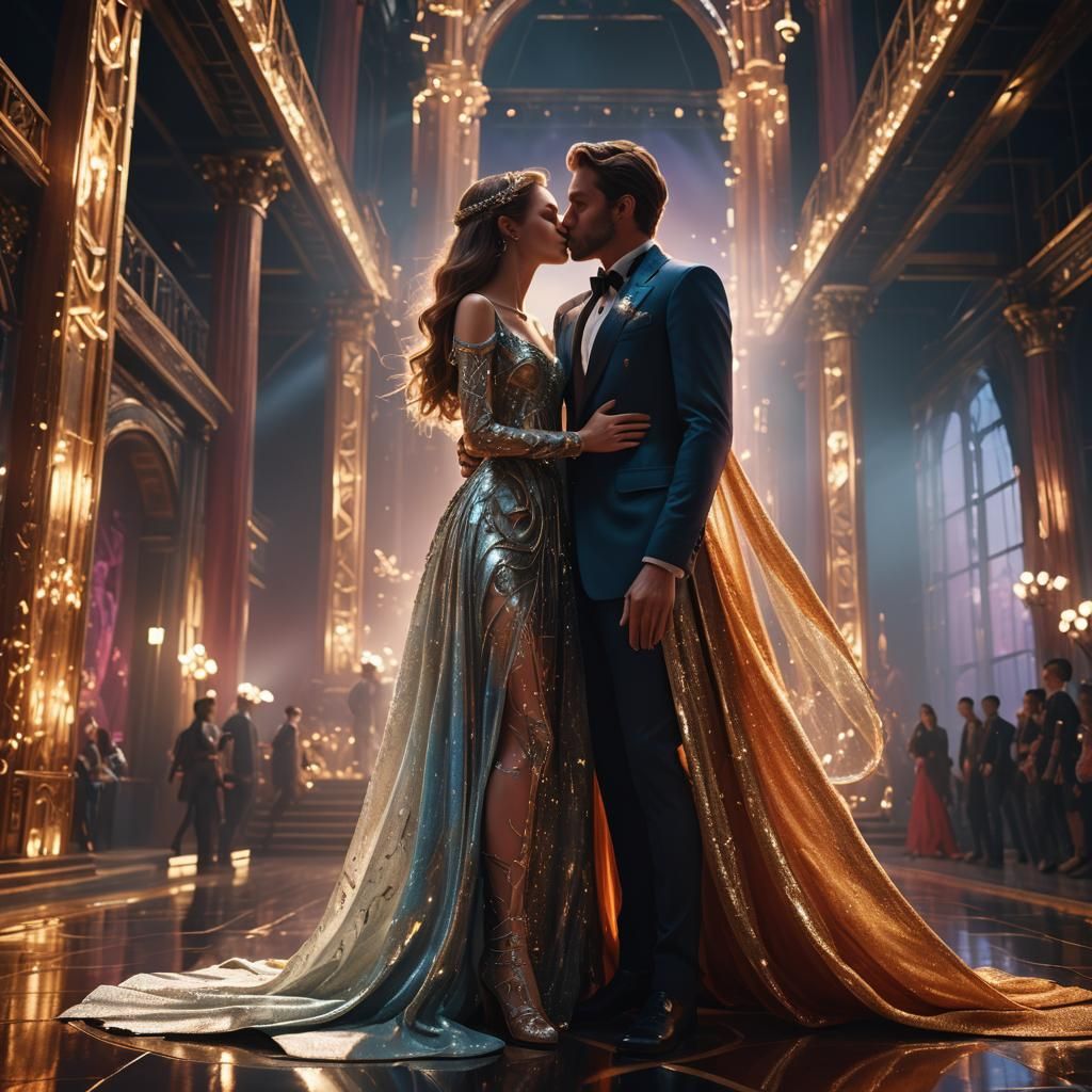 Kissing Model Couple on Catwalk: Fantasy Matte Painting
