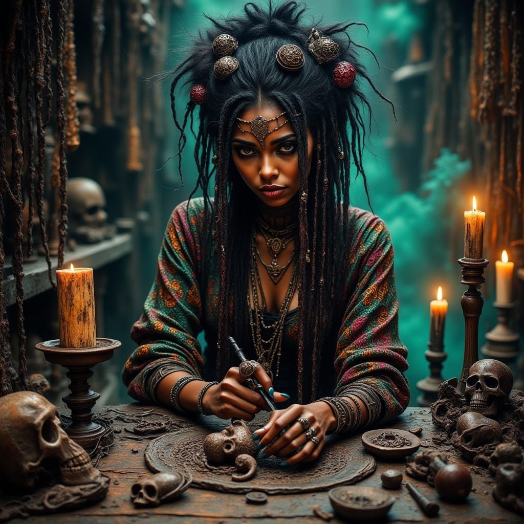 Mystical Voodoo Goddess in a Dimly Lit Shop