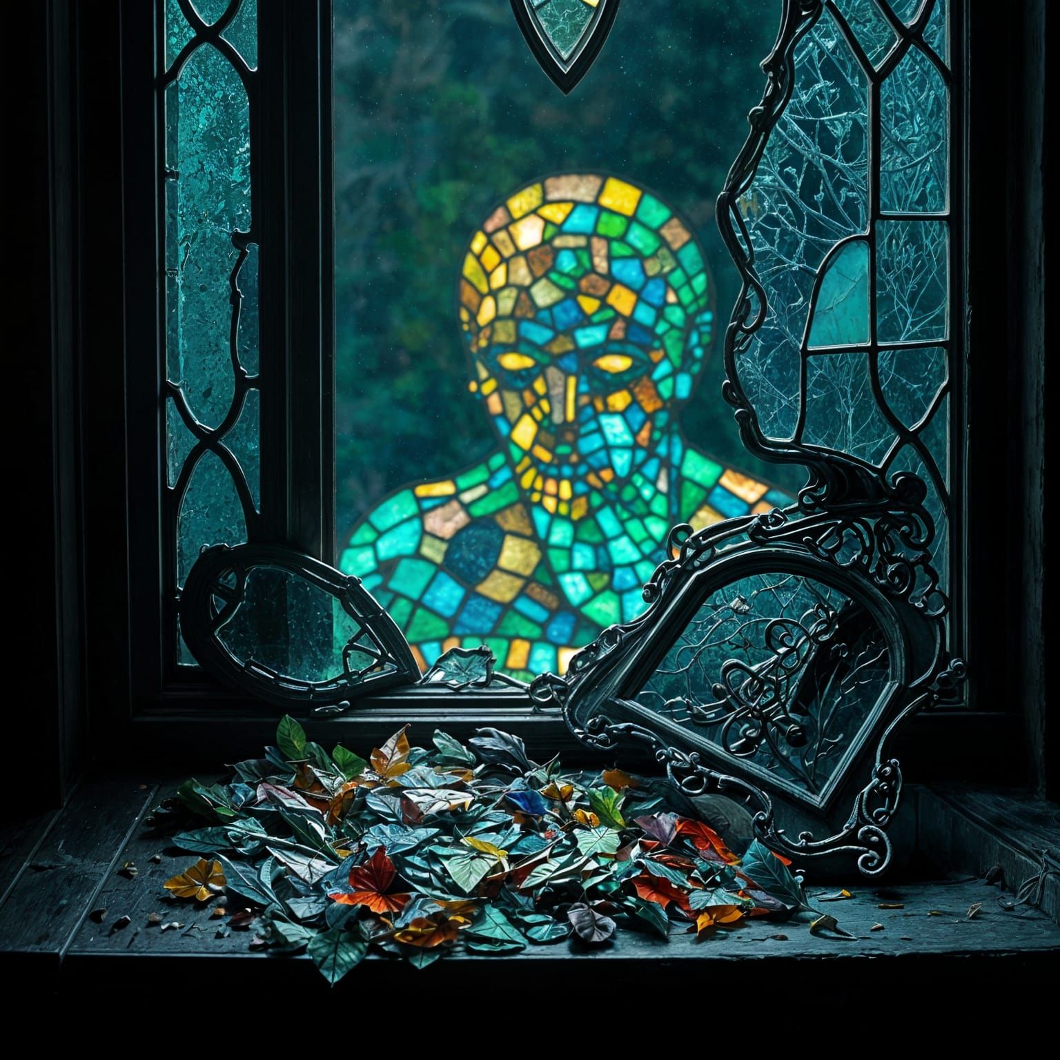 Creepy Stained Glass Man at Broken Window