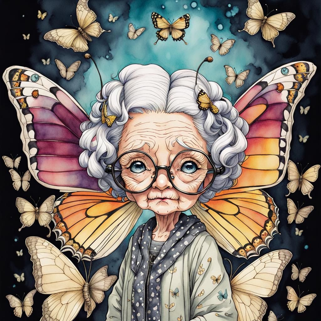 Chibi Granny Meets Butterfly in Watercolor Style