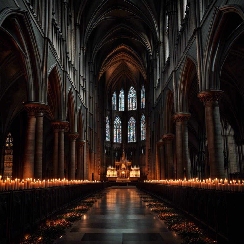Illuminated Gothic Cathedral Interior at Night