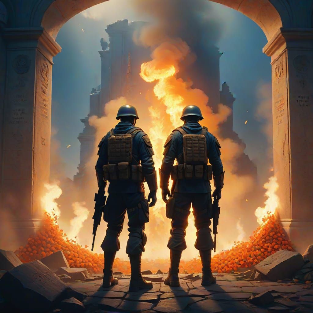 Soldier Before Memorial Wall in Golden Light