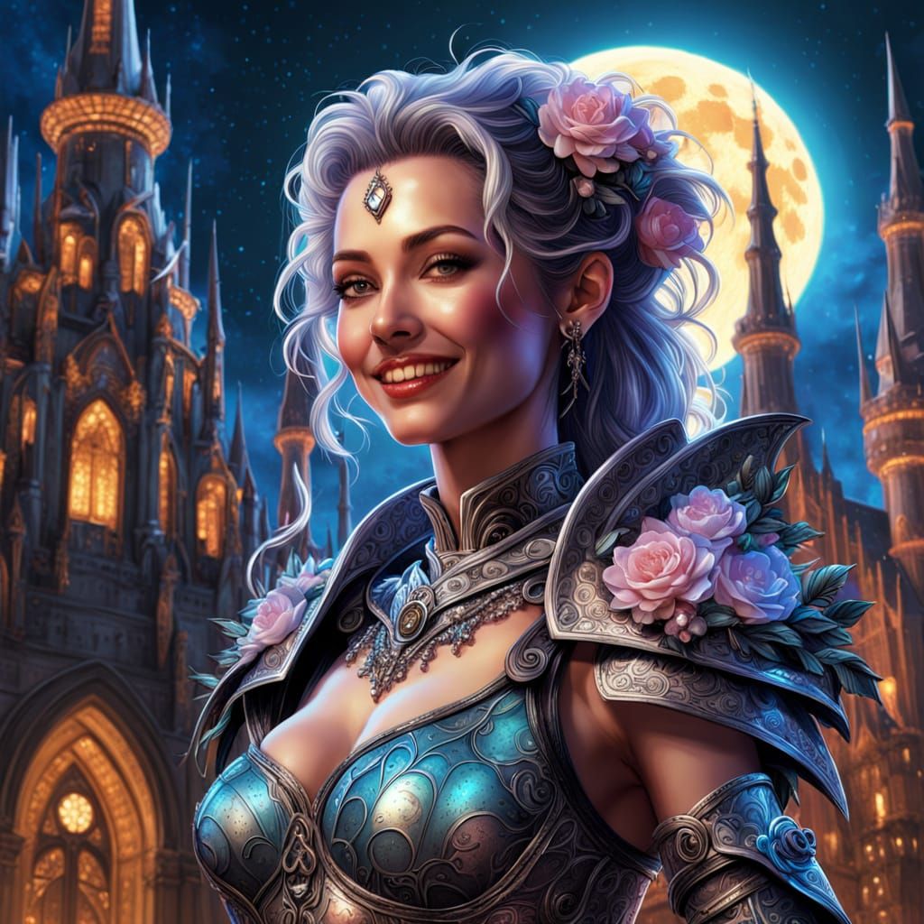 Smiling Woman in Moonlit City, Hyper-Realistic Digital Art