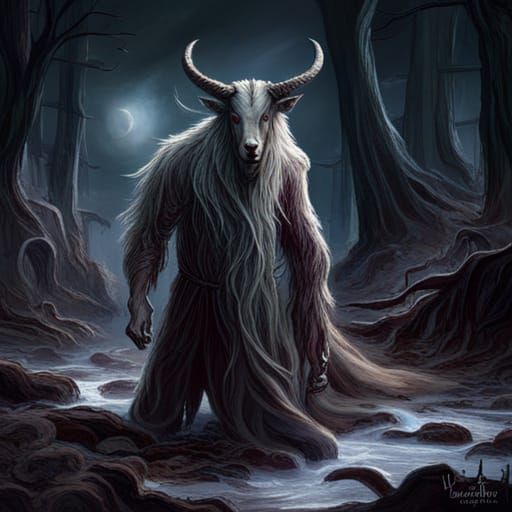 Monstrous Goat-Man in Eerie Swamp: Gothic Horror