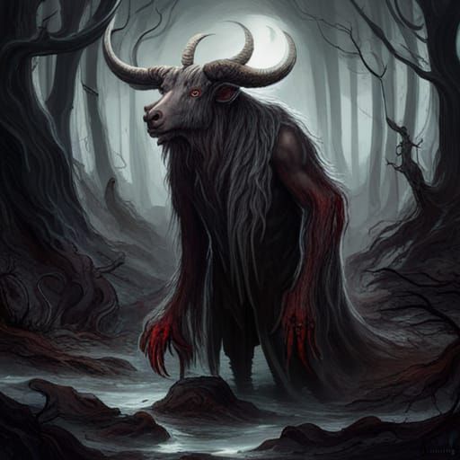 Gothic Horror: Monstrous Goat-Humanoid in Eerie Swamp