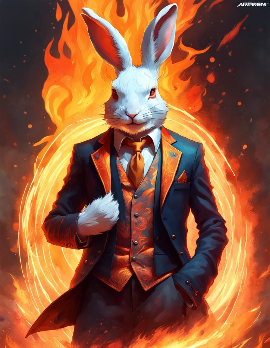 Rabbit in waistcoat engulfed in flames