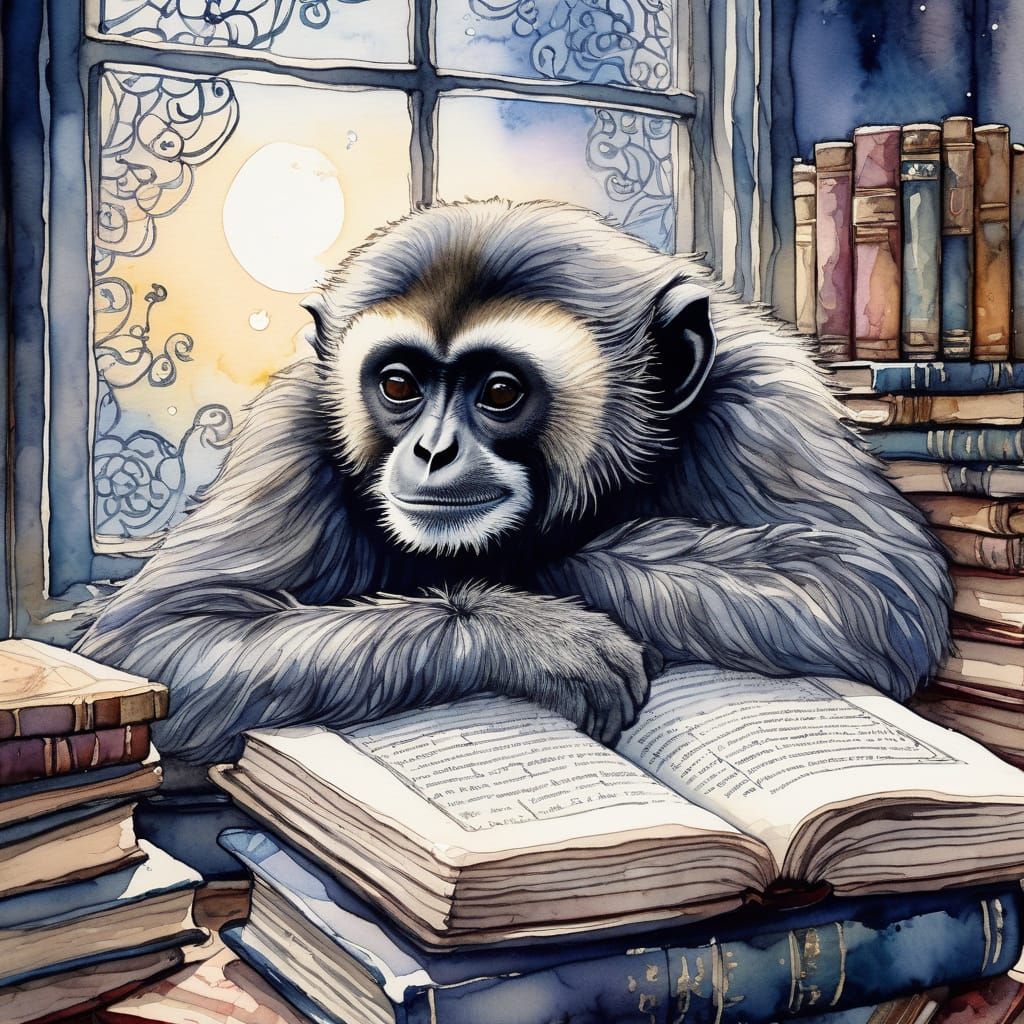 Whimsical Gibbon Asleep in Zentangle Ink and Watercolor