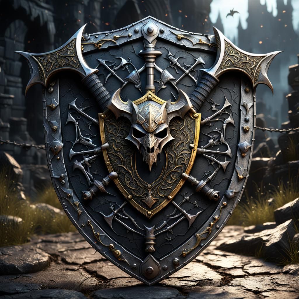 Fantasy Shield with Axe and Bat in 8k Resolution
