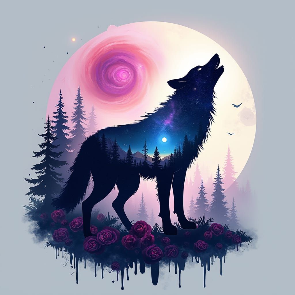 Cyberpunk Wolf Logo with Gradient Colors and Cosmic Landscap...