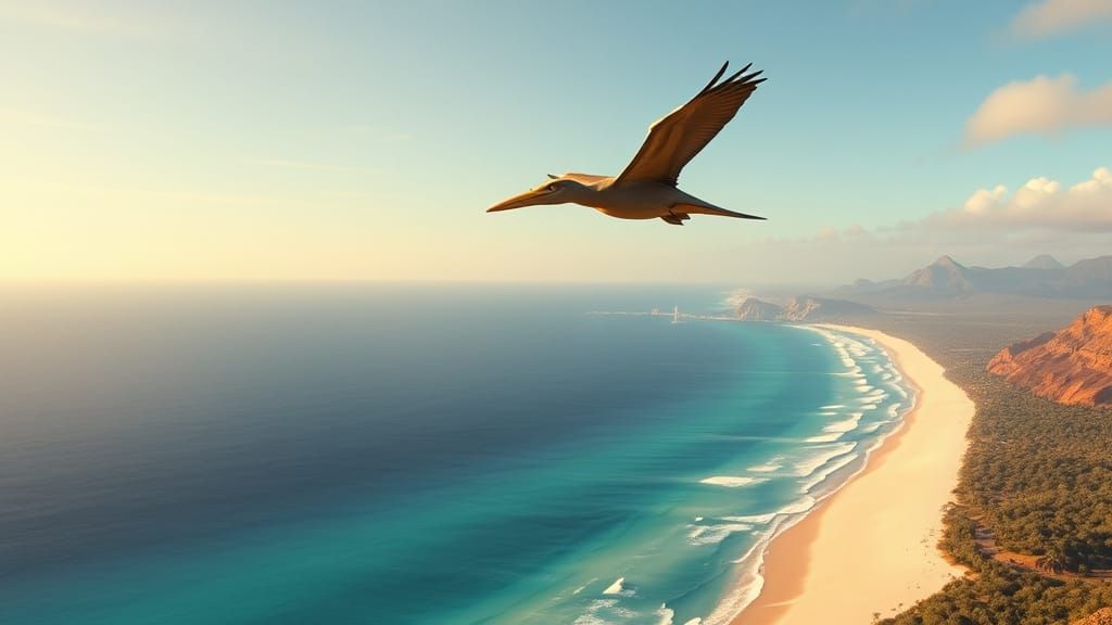 Pterodactyl Soaring Above Jurassic Coastline in Painterly St...