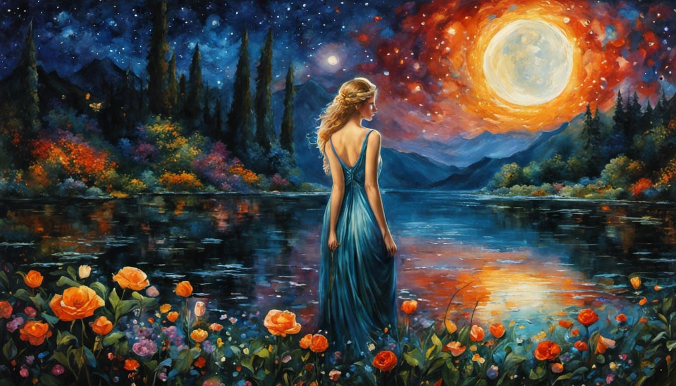 Enchanted Starry Night Portrait in Gouache Impasto Style