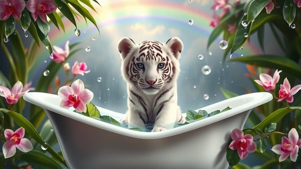 Majestic White Tiger Cub in Serene Rain Bath