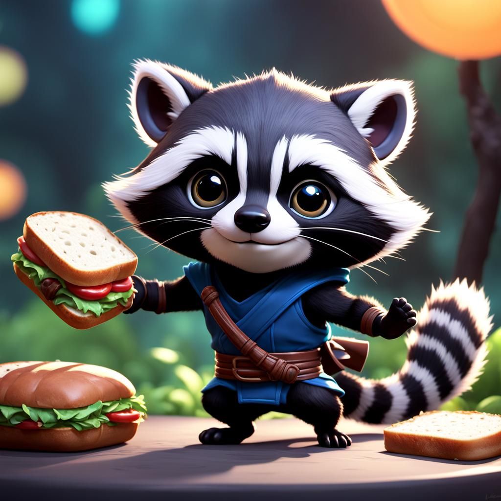 Adorable Chibi Ninja Raccoon Stealing Sandwich, 3D Anime Art