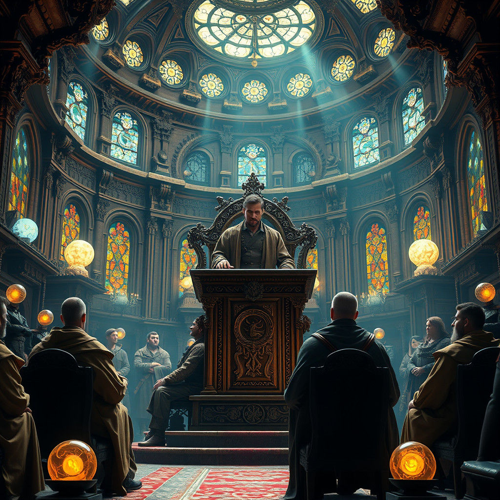 Earthy Robed Man Addresses Gathering in Ornate Chamber