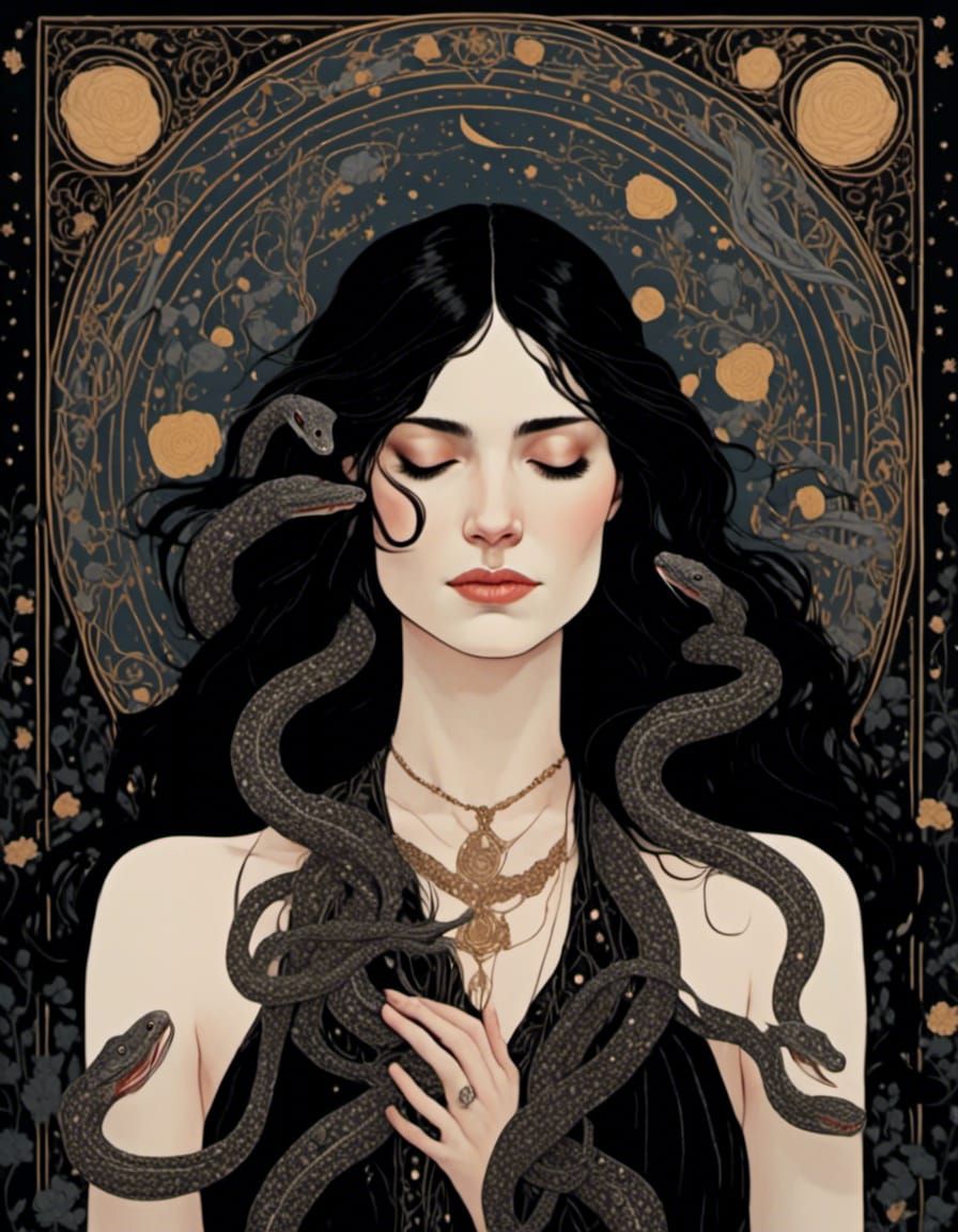 Palekh Style Portrait of a Woman with Snakes