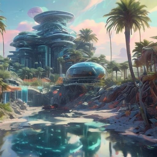 Surreal Futuristic Cityscape in Shimmering Silver and Glass