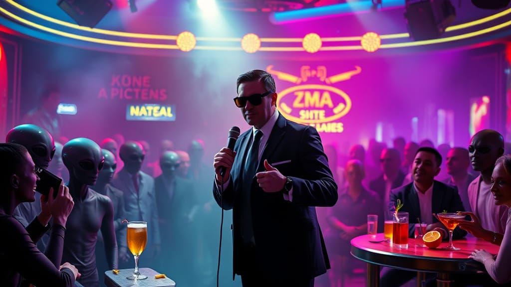 MIB Agent Doing Stand-Up for Alien Audience