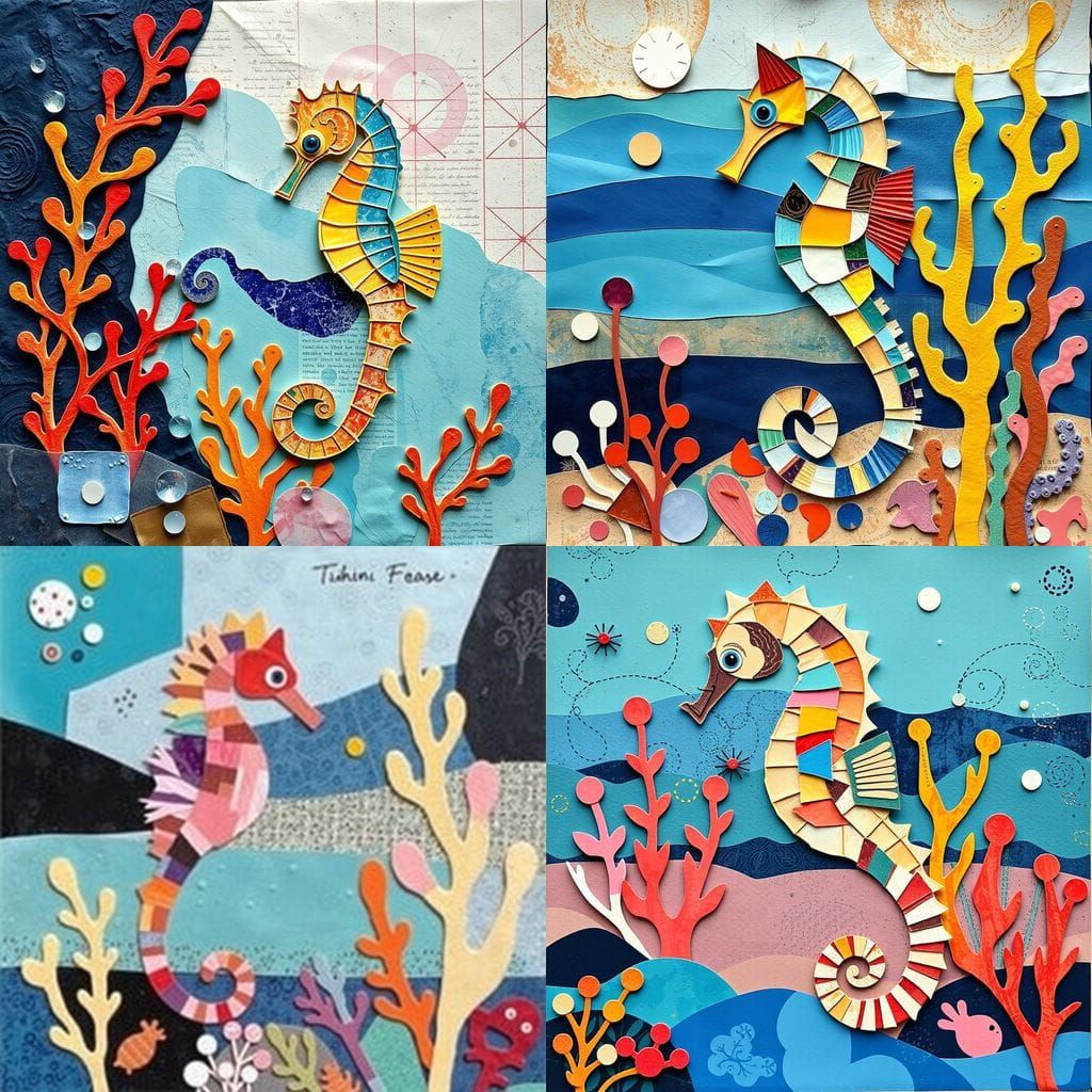 Seahorse and Seabed Collage Paper Abstract Art