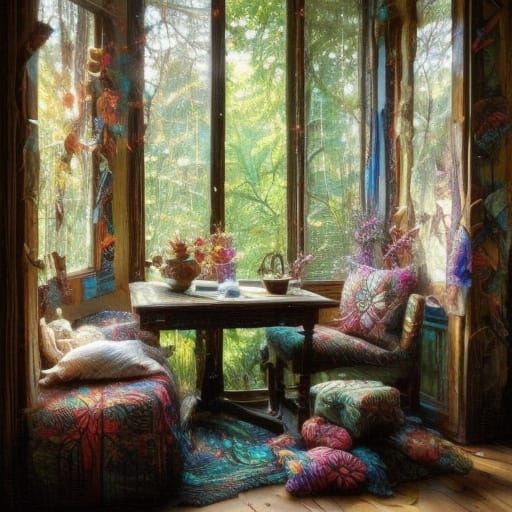 Whimsical Folk Art Embroidery on Cotton Fabric