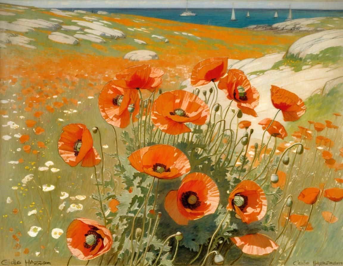 Vibrant Poppies on the Isles of Shoals, Pastel