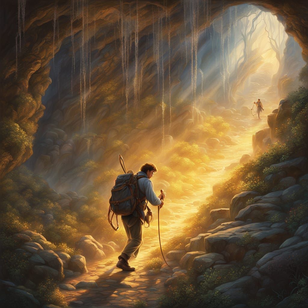 Adventurer in Webbed Cave with Torchlight