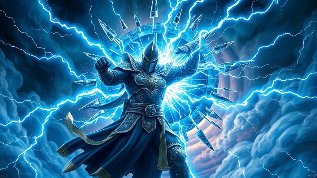 Warrior Shatters Magical Mirror with Radiant Blue Lightning