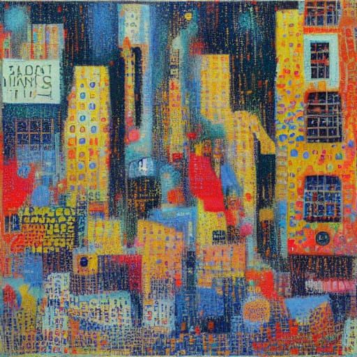 Detroit Street Scene in Pointillist Urban Style