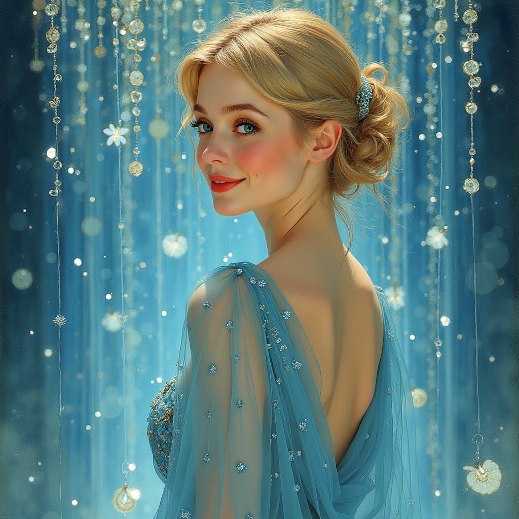 Elegant Woman at Waterfall in Art Nouveau Style