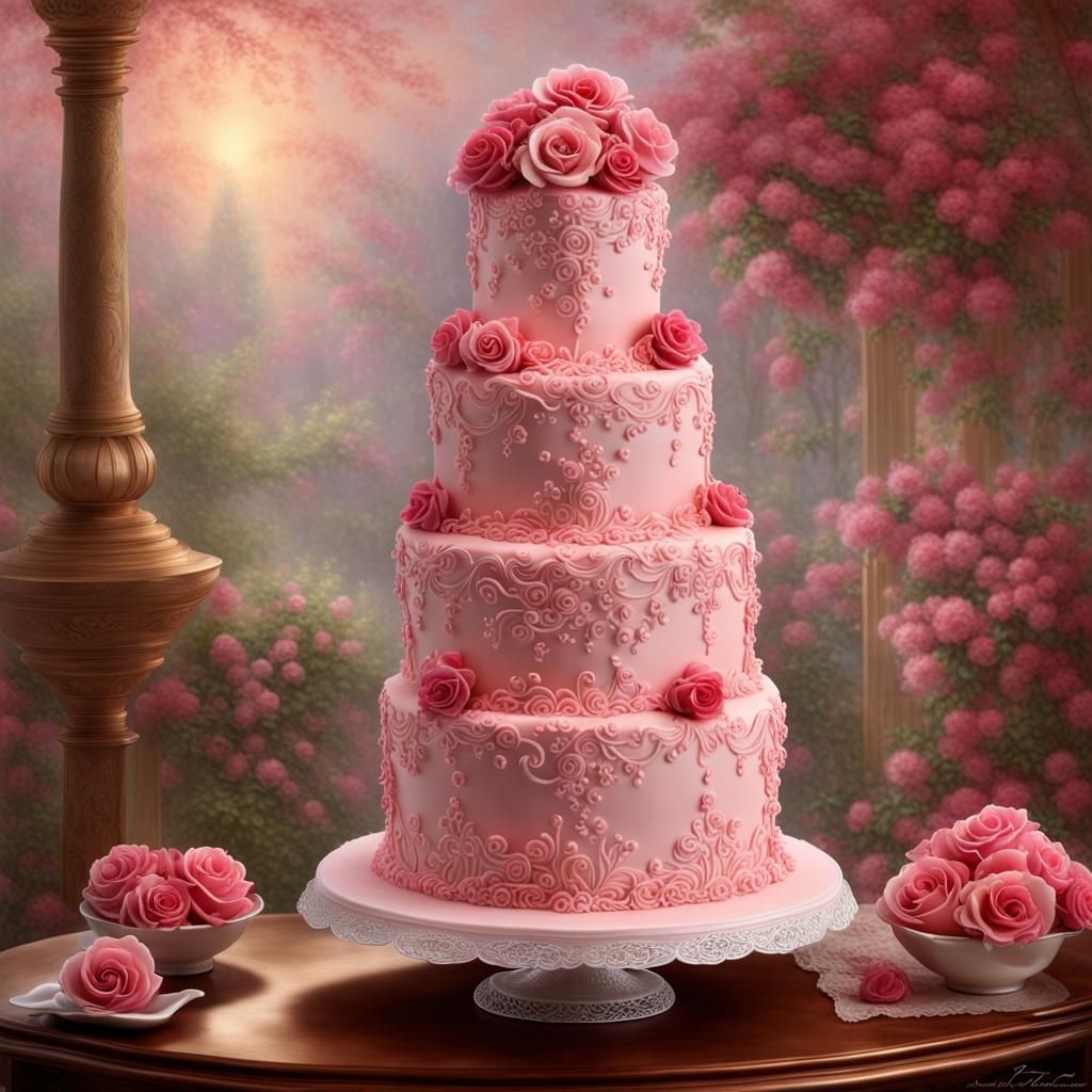 Elegant Pink Cake with Red Roses in Fantasy Style