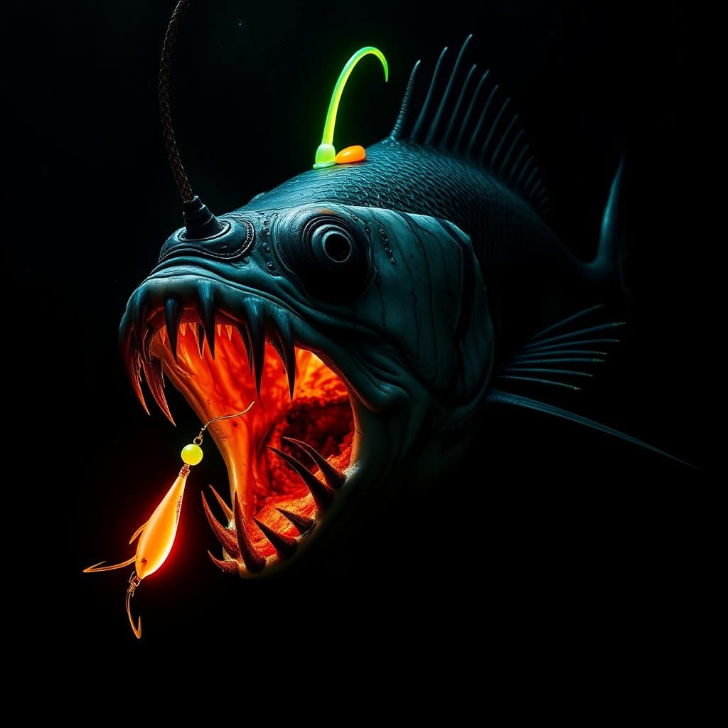 Bioluminescent Anglerfish Hunting in the Deep Ocean