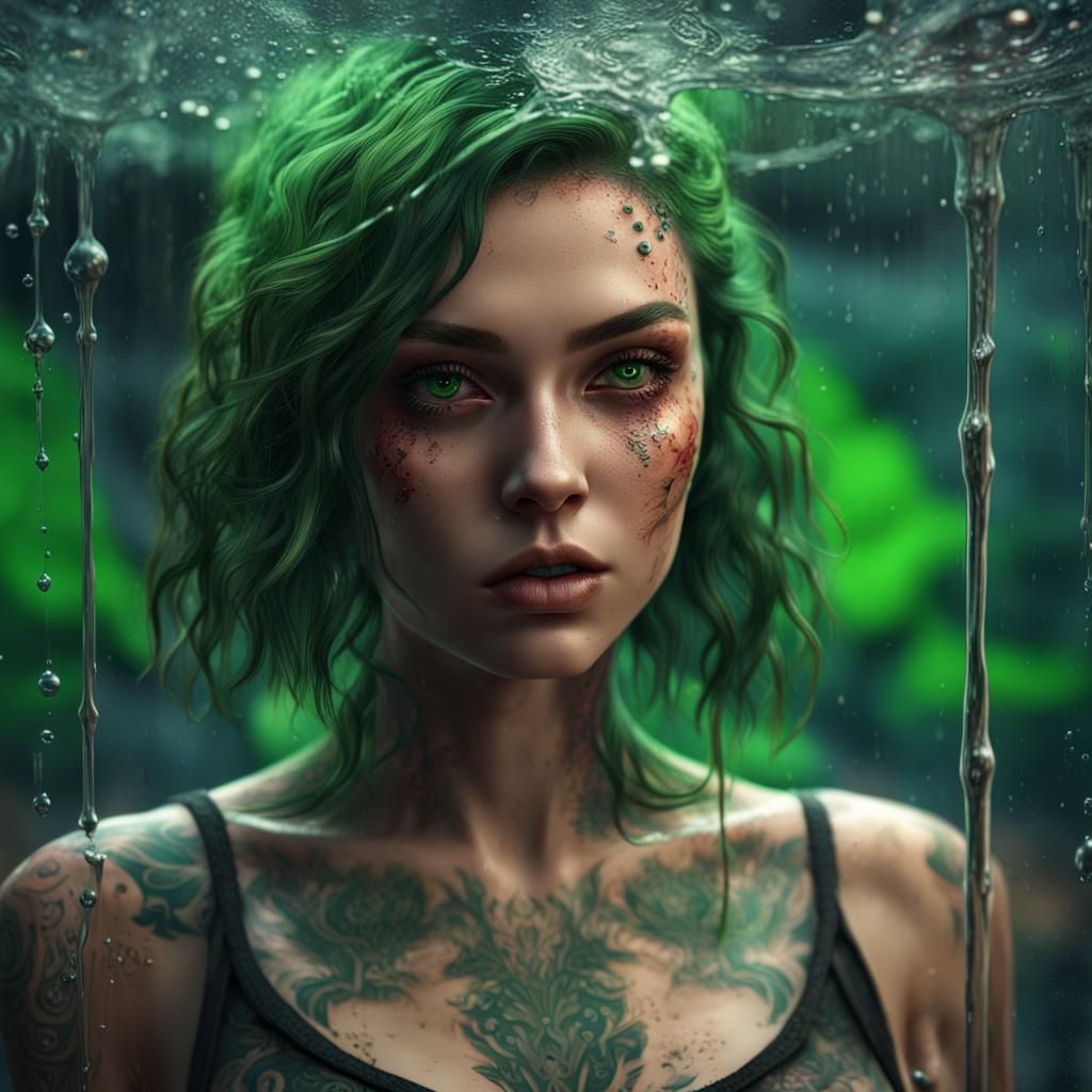 Girl with Green Eyes Behind Wet Glass