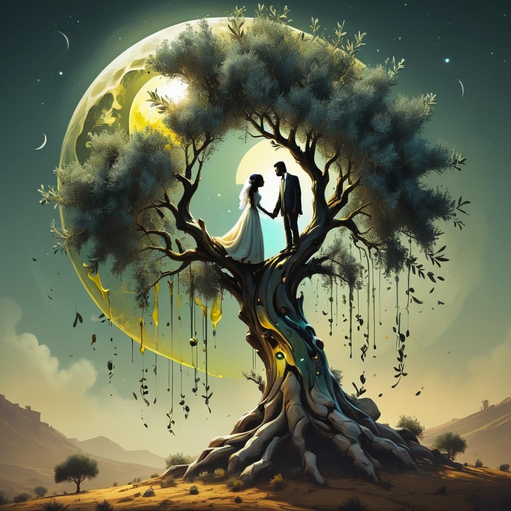Olive Tree Crescent Moon Wedding: Digital Illustration