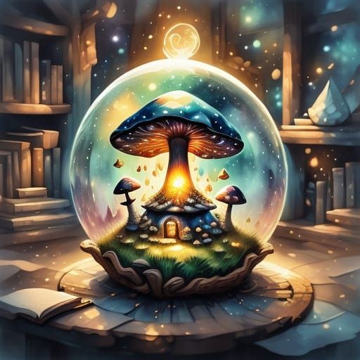Glowing Mushroom Reading Nook as Watercolor Art