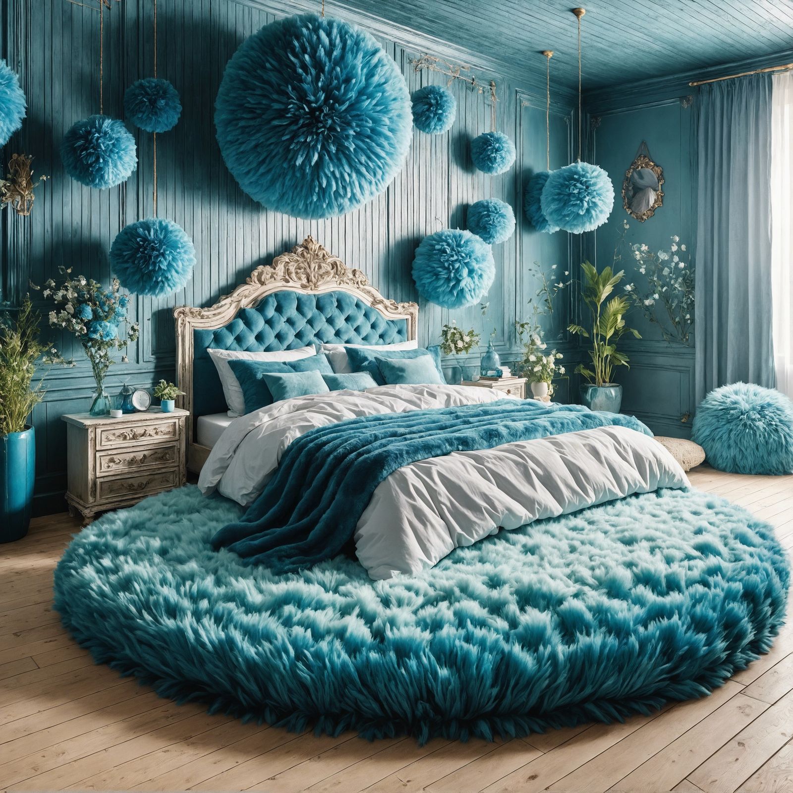 Blue Bedroom with Fluffy Pillows, Interior Design