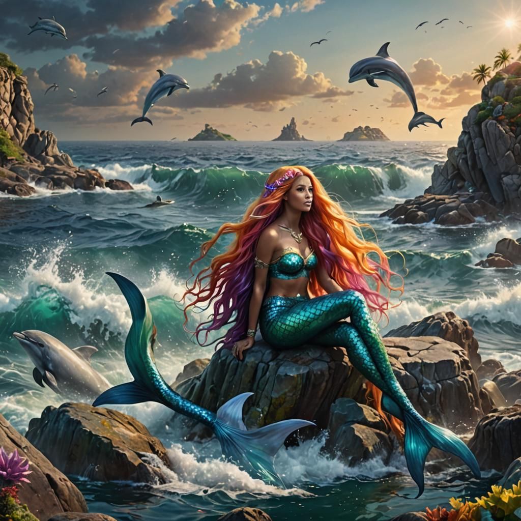 Mermaid with Colorful Hair by Ocean Rocks