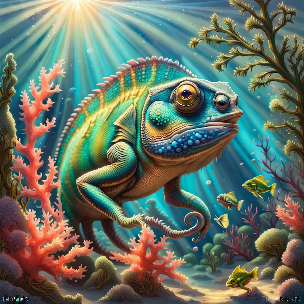 Chameleon-Flounder Hybrid in Ocean Chalk Art