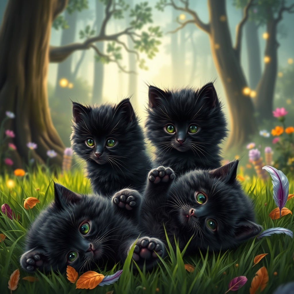 Fluffy Kittens in Whimsical Forest, High-Fantasy Style