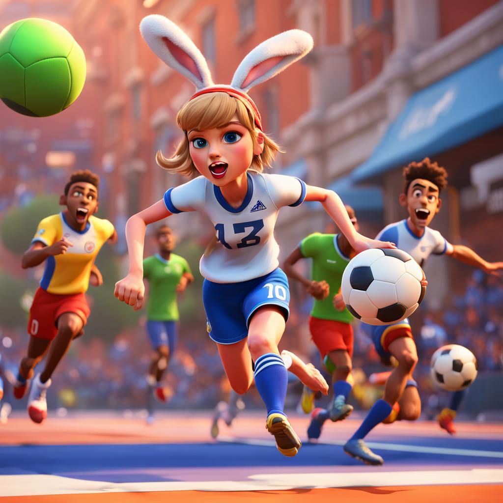 Bunny-Eared Character Pursues Football Players: 3D Digital A...