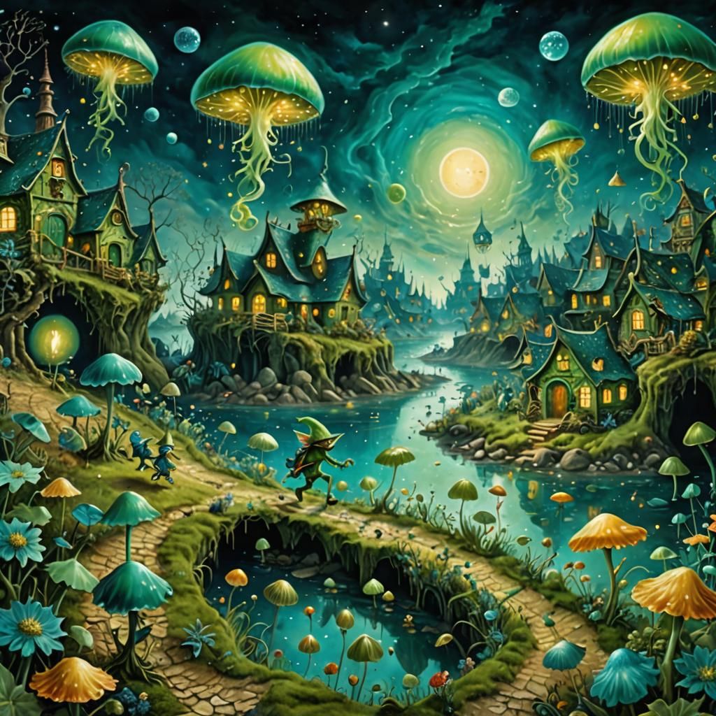 Whimsical Goblins and Flying Jellyfish in Fantasy Art