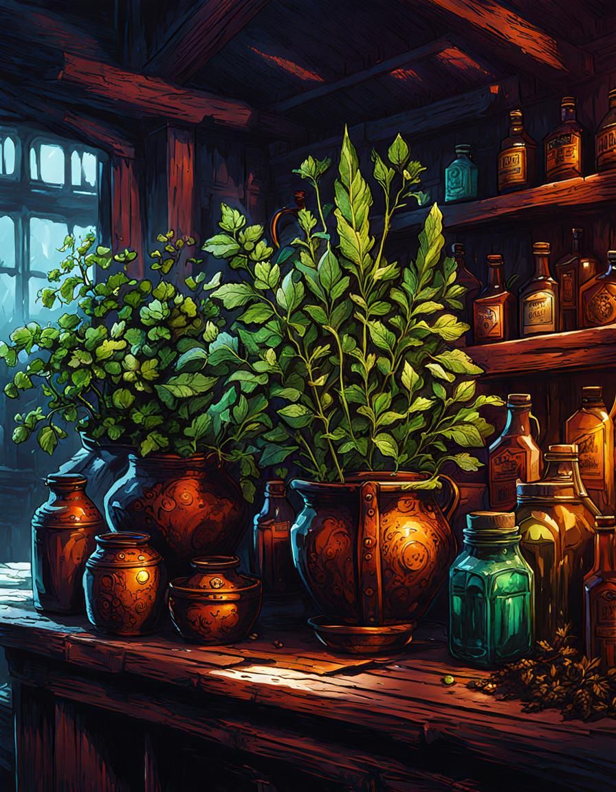 Ethereal Herb Sketch in Alcohol Ink Style