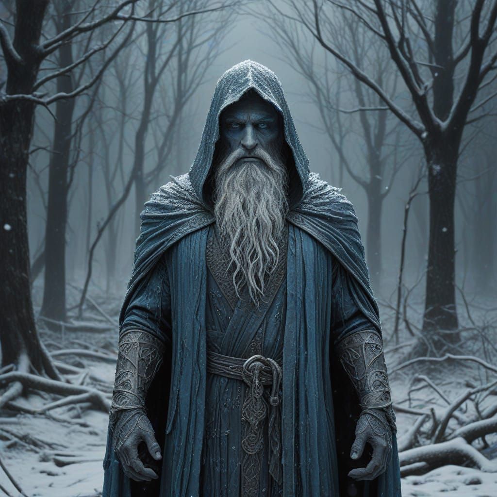 Mystical Ice Wizard in Haunted Snow Storm