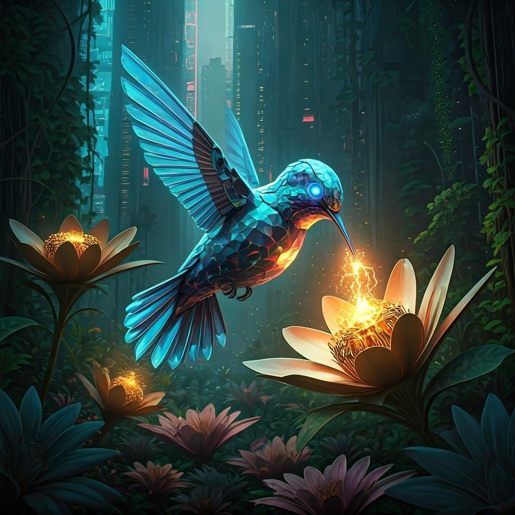 Sleek Metallic Hummingbird Hovers in Cyberpunk Garden