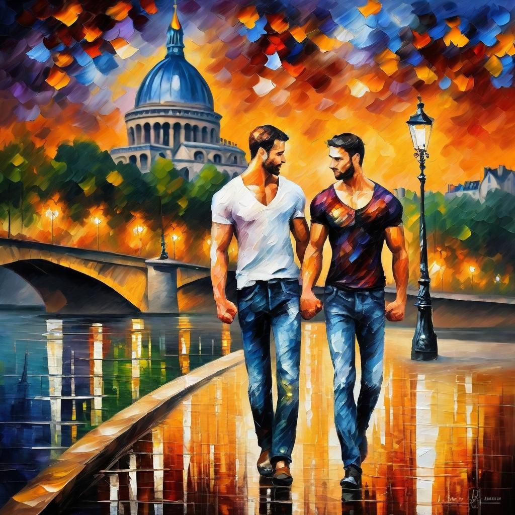 Couple Strolling Along the Seine, Impressionist Style