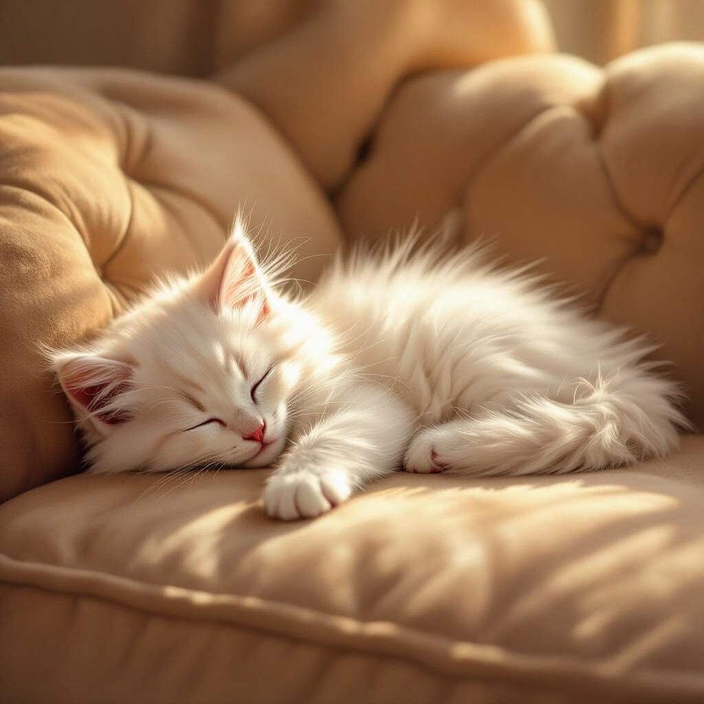 Fluffy White Kitten Sleeps on Tan Sofa