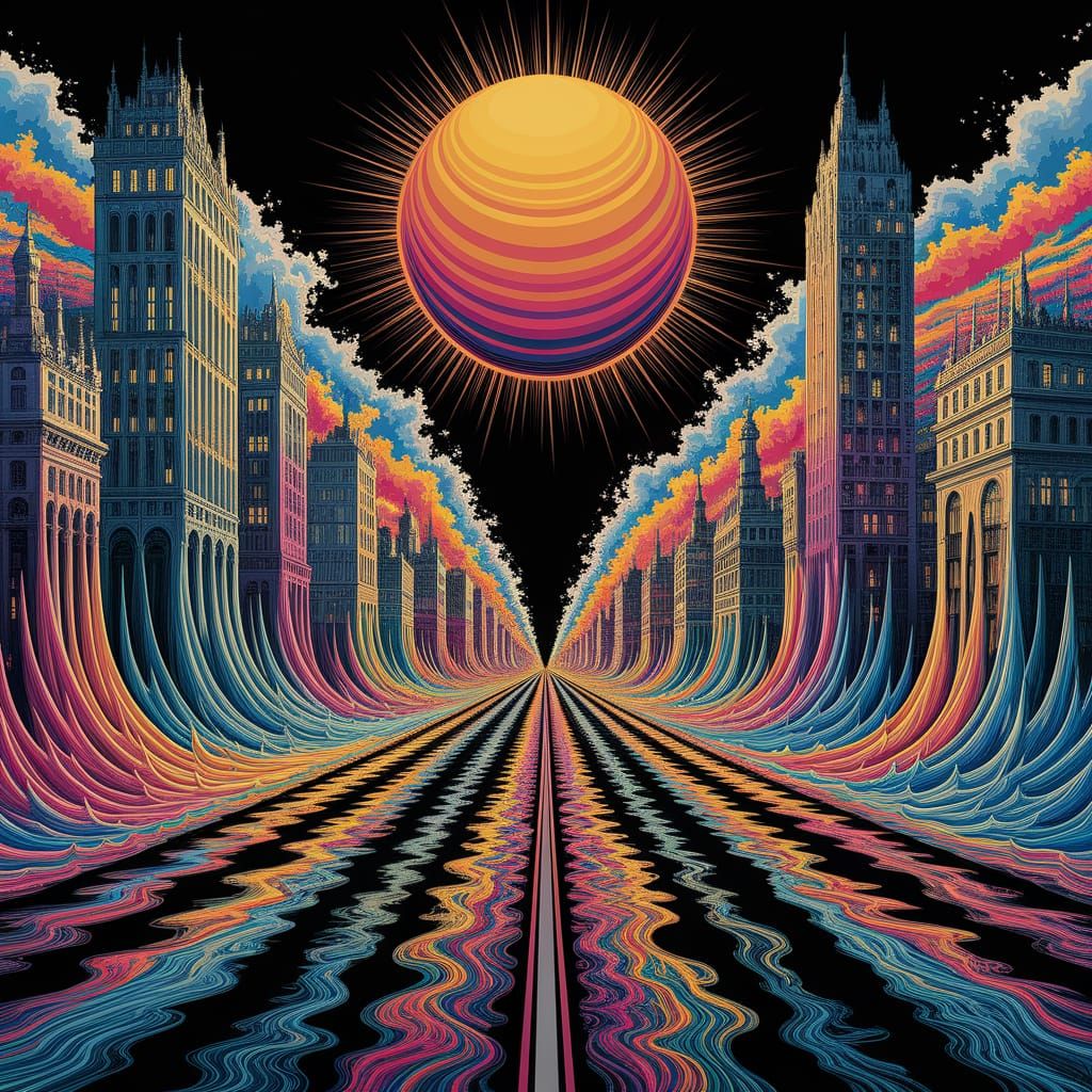 Melting Cityscape in Psychedelic Pop Art Style