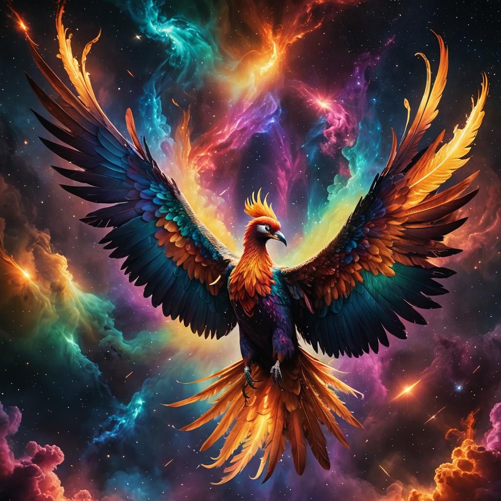 Rainbow Phoenix Portrait Flying Through Outer Space
