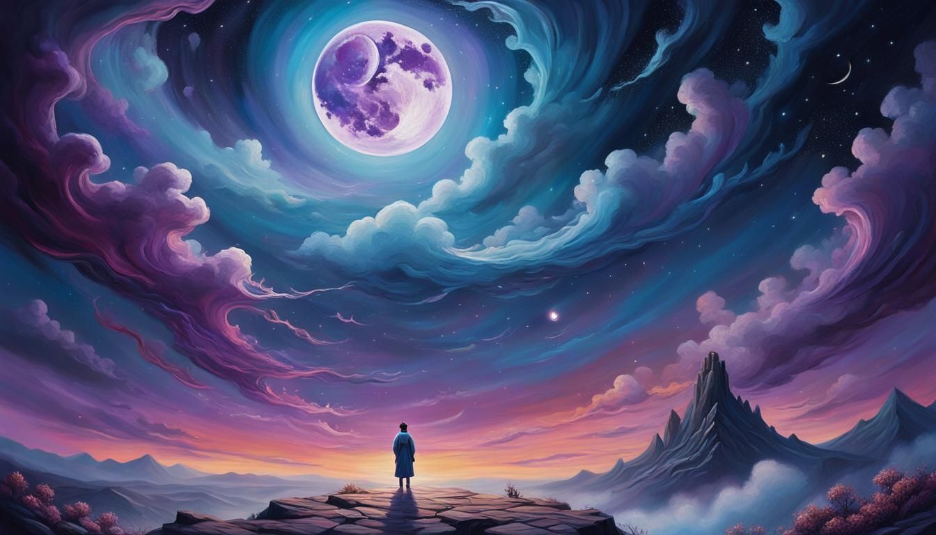 Ethereal Figure with Lantern in Surreal Starry Landscape